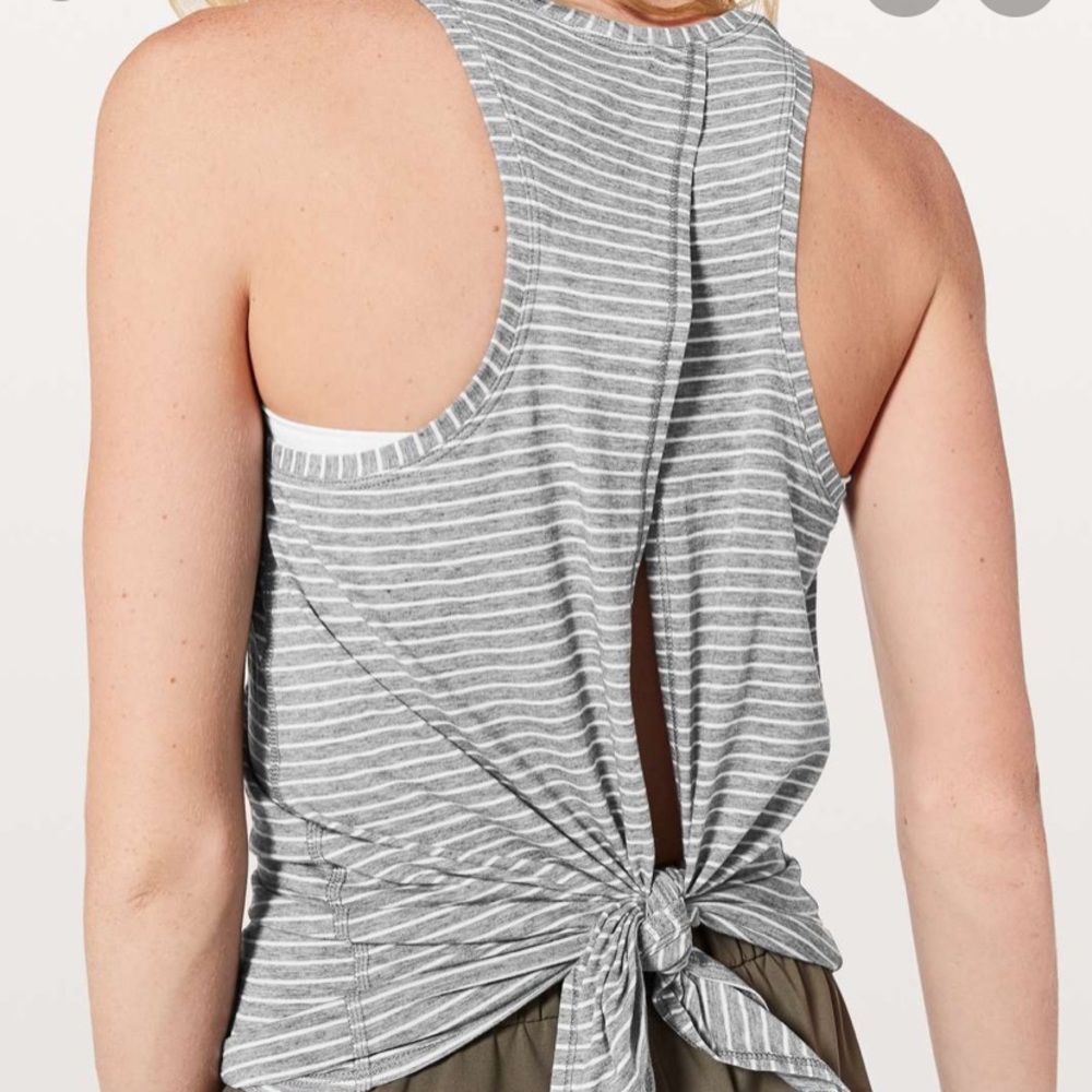 Lululemon All Tied Up tank, Striped Gray and White